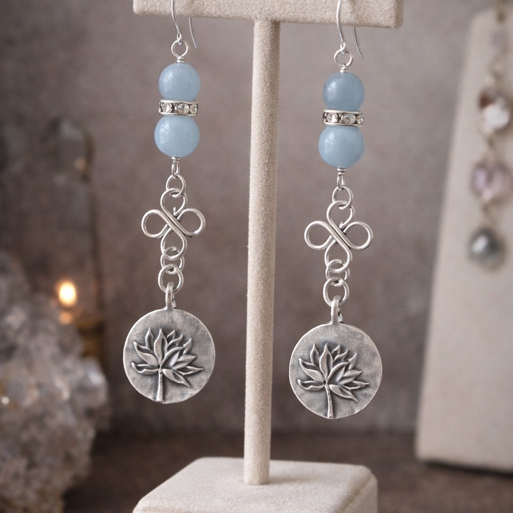Lotus Rising Aquamarine Gemstone Earrings – Artisan Silver Drop - Picture 2 of 5